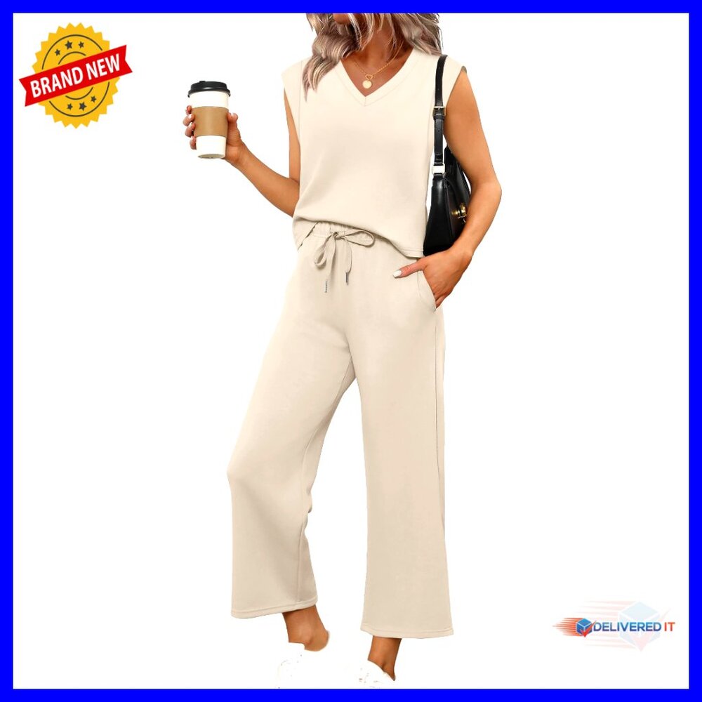 Women's Two Piece Set V-Neck Top Wide Leg Pants Summer Travel Outfit